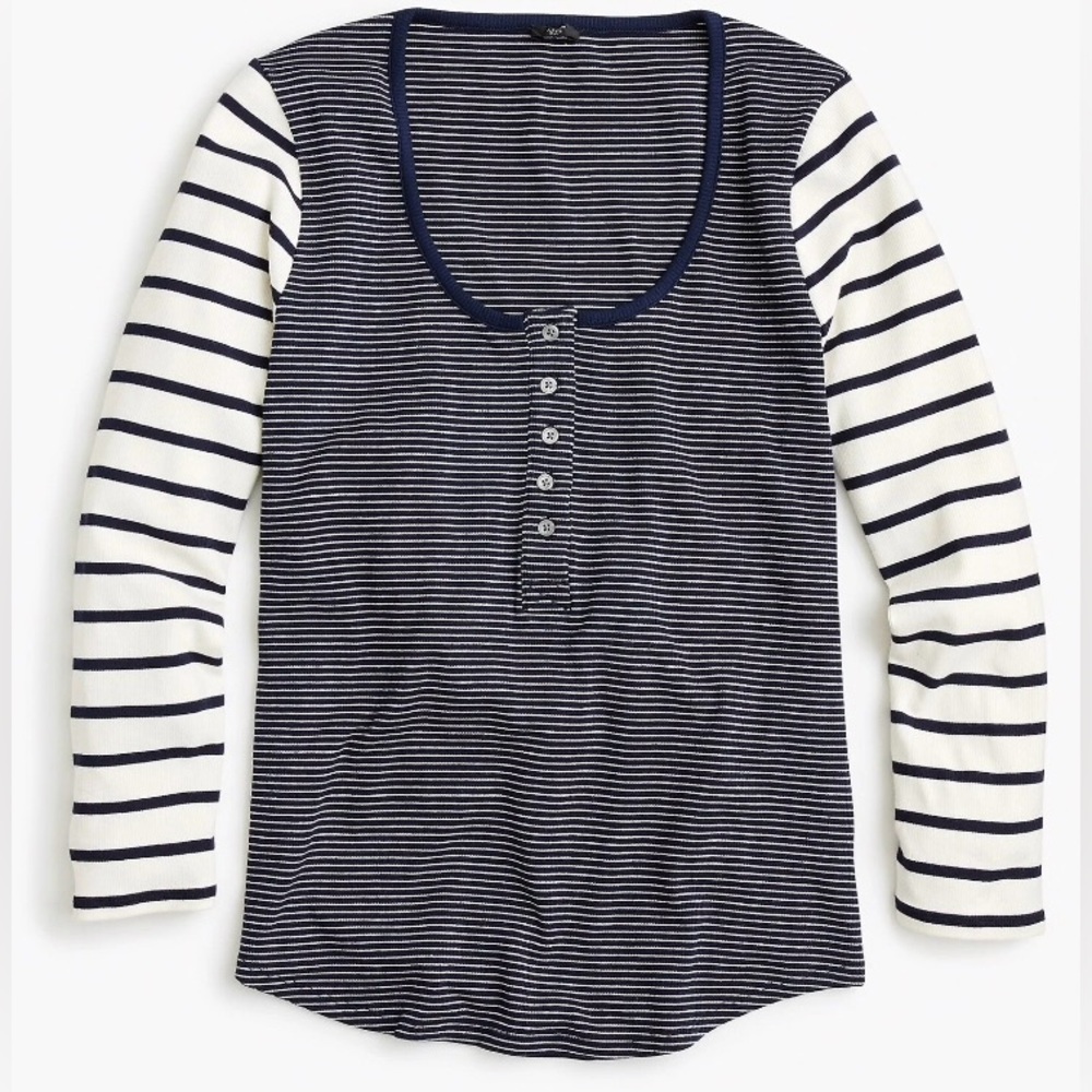 J. Crew Navy and White Striped Scoop Neck Ribbed Long Sleeve Henley